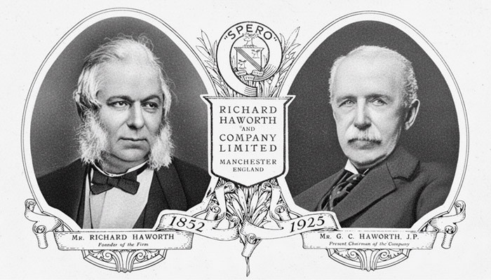 Portraits of Richard Haworth, founder of the firm, and G. C. Haworth, chairman, around the Spero company crest